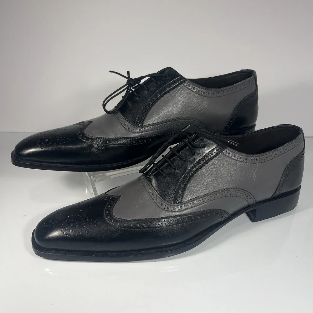 Hand Made Black Gray Tan Leather Oxford Wingtip Size 14